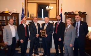 AKTI Board Members in Senator Enzi's office presenting "Common Sense" Award. Morgan Taylor (Taylor Brands), Bill Raczkowski (Gerber), CJ Buck (Buck Knives), Senator Enzi, David Fee (Benchmade), Dan Lawson (Microtech) and Mark Schreiber (CRKT).