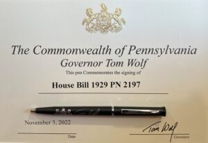 photo of certificate and signing pen for PA HB 1929